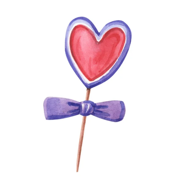 Watercolor red heart-shaped candy on a stick.Watercolor illustration for Valentines Day. — Stock Photo, Image