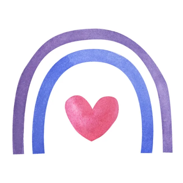 Watercolor purple, blue rainbow with pink heart on white background. —  Fotos de Stock