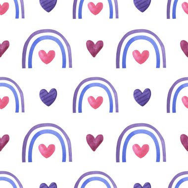 Watercolor purple rainbow on white background. Seamless pattern with hearts.