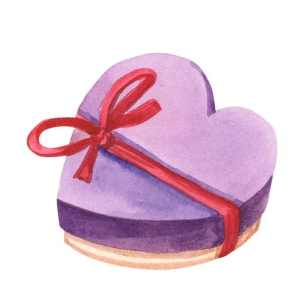 Caixa de presente roxo em forma de coração aquarela com arco vermelho. — Fotografia de Stock