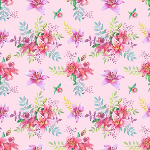 Aquarell rosa Lilienblüten auf rosa Hintergrund. Nahtloses Muster. Aquarell-Illustration — Stockfoto