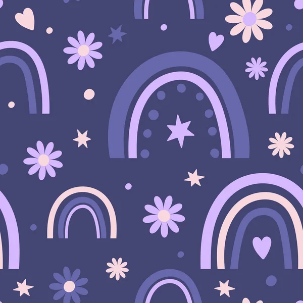 Arco iris violeta con corazón y flor sobre fondo púrpura oscuro. — Vector de stock