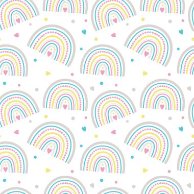 Sevimli gökkuşağı ve beyaz arka planda kalpler. Bebek partisi için vektör illüstrasyonu.