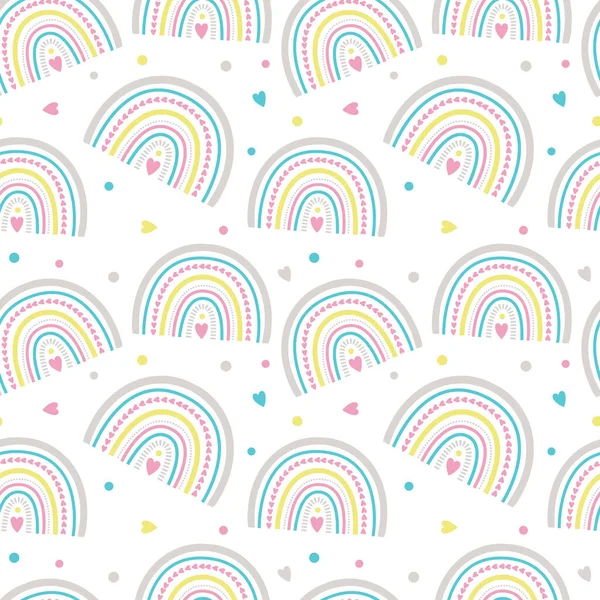 Lindo arco iris y corazones sobre fondo blanco. Ilustración vectorial para baby shower. — Vector de stock