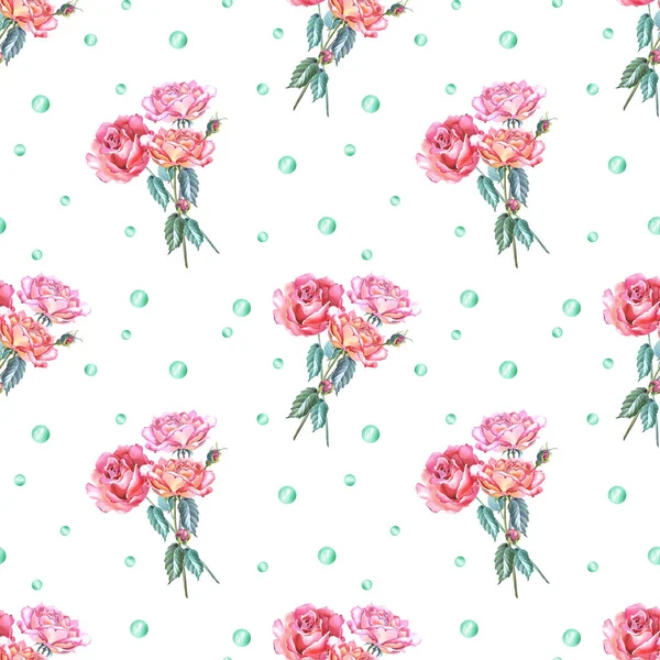 Aquarel roze en rode rozen met groene bladeren, stippen op witte achtergrond. — Stockfoto
