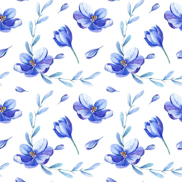 Όμορφη Άνοιξη Απρόσκοπτη Μοτίβο Μπλε Κρόκους Μωβ Λουλούδια Σαφράν Λευκό — Φωτογραφία Αρχείου