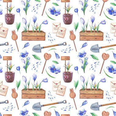 Suluboya bahçe işi. Ahşap kutuda mavi timsahlar, kürek, tohum ve beyaz zemin üzerinde su olan pürüzsüz desenler..