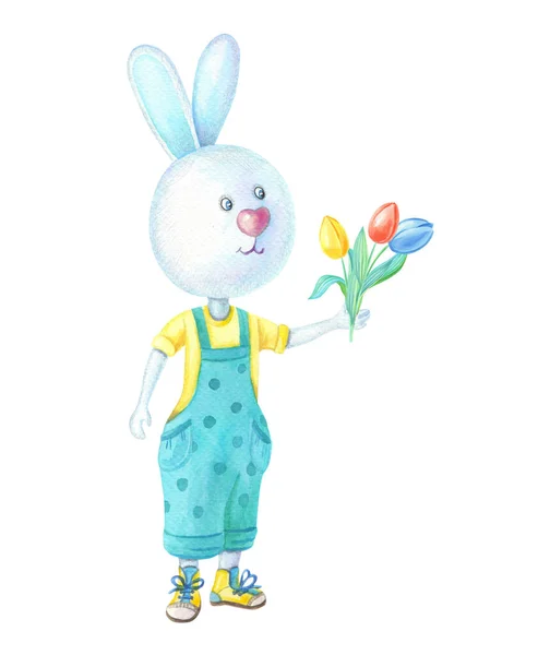 Watercolor Bunny Bouquet Tulips Easter Hare Yellow Red Blue Flower — Stock Photo, Image