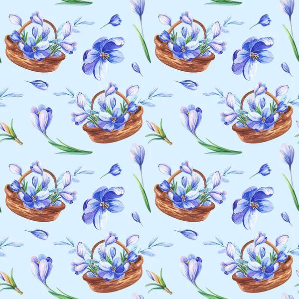 Прекрасний Весняний Безшовний Візерунок Крупою Плетеному Кошику Фіолетові Весняні Квіти — стокове фото