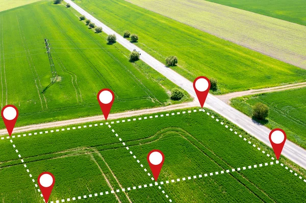 Czech realty business - Land plot in aerial view. Gps registration survey of property, real estate for map with location, area. Concept for residential construction development - buy and sell the house allotment