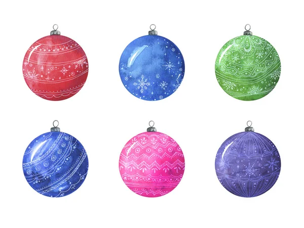 Palline Natale Set Illustrazione Acquerello Dipinto Mano Sfondo Bianco Isolato — Foto Stock