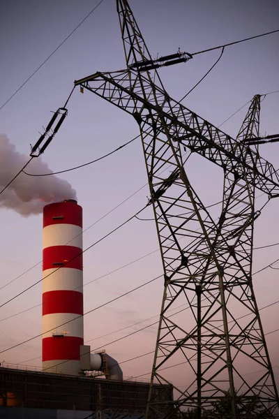 Close Smoking Chimney Coal Fired Power Plant Rybnik Background Evening — Stock Photo, Image