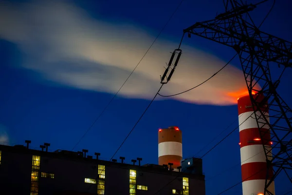 Foto Nocturna Central Eléctrica Carbón Vista Borrosa Del Humo Que —  Fotos de Stock