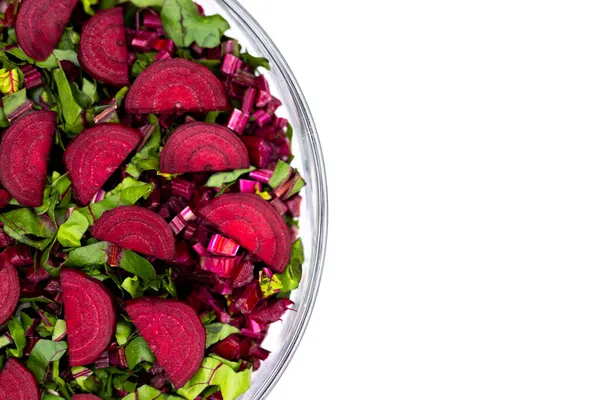 Fresh Cut Leaves Beetroot Pieces Arranged Glass Bowl Photo Taken — Stock Photo, Image