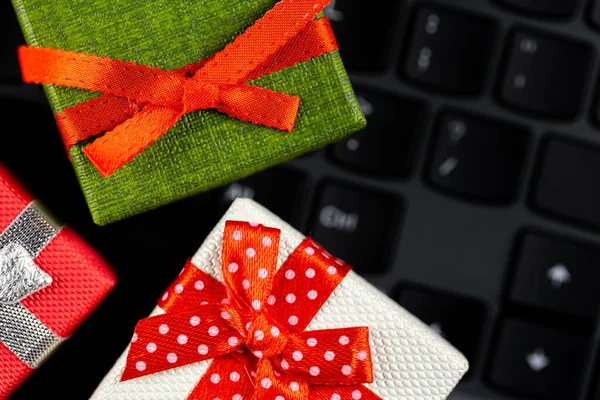 Small Gift Boxes Arranged Laptop Keyboard Cybersecurity Online Shopping Photo Stock Image