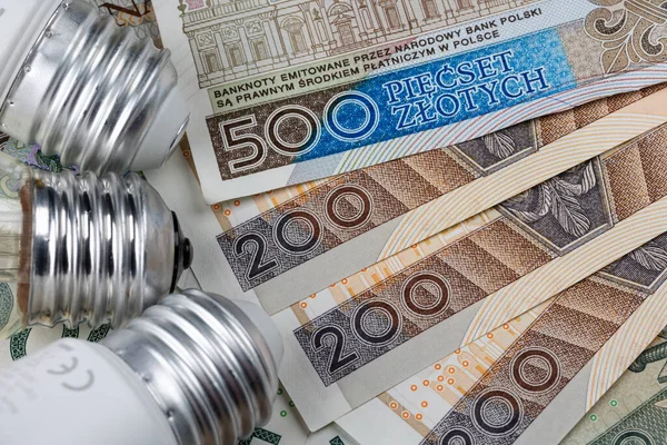 Led Bulbs Many Polish Banknotes Rise Electricity Price Poland Photo — Stock fotografie