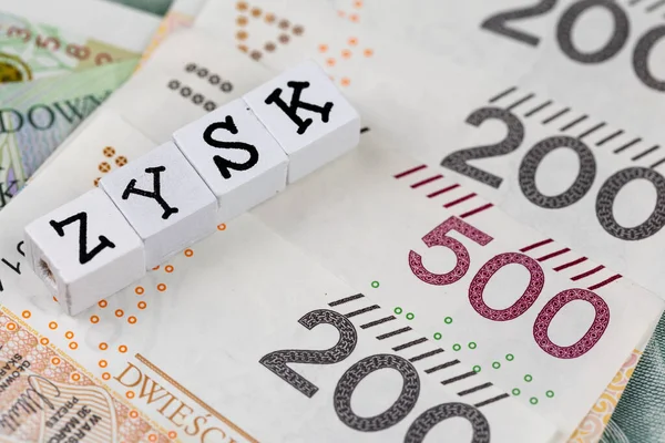 Wording Zysk Translated Profit Many Polish Banknotes Photo Taken Artificial — Stock fotografie