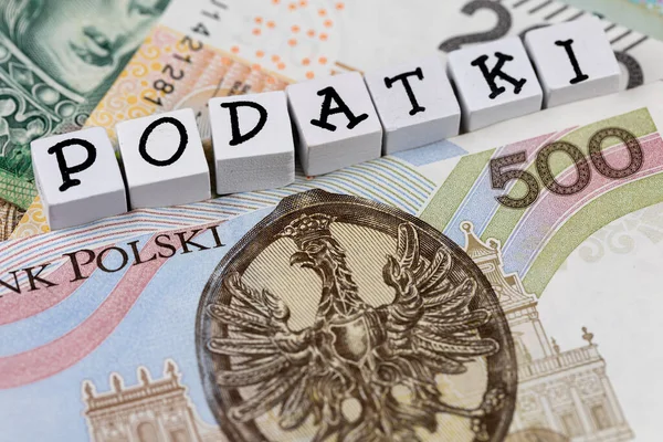 Wording Podatki Translated Taxes Many Polish Banknotes New Tax Rules — Stock fotografie