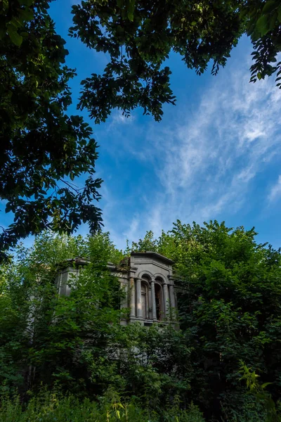 Ruinas Palacio Viejo Abandonado Cubierto Arbustos Cielo Azul Matorral Verde —  Fotos de Stock