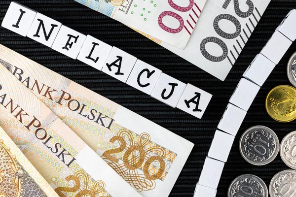Znění Inflacja Černém Pozadí Překládá Jako Inflace Polské Mince Bankovky — Stock fotografie