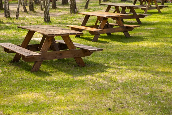 Tables Benches Camping Site Photo Taken Sunny Day Objects Shaded — Stock Photo, Image