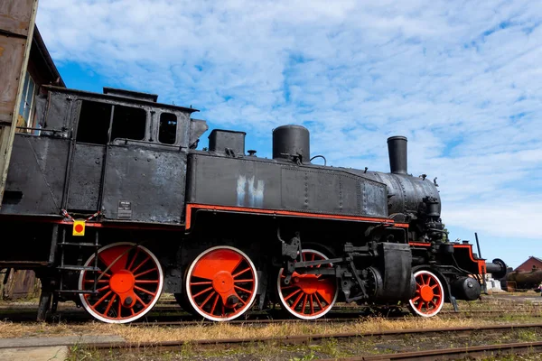 A steam locomotive standing outside of historic locomotive shed. The shot was taken in natural lighting conditions