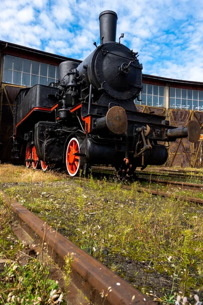 Parní Lokomotiva Stojící Před Historickou Lokomotivou Výstřel Byl Pořízen Přirozených — Stock fotografie