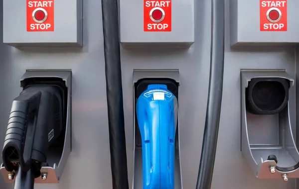 Fast charging plugs at public electric car charging stations. Electromobility in everyday life