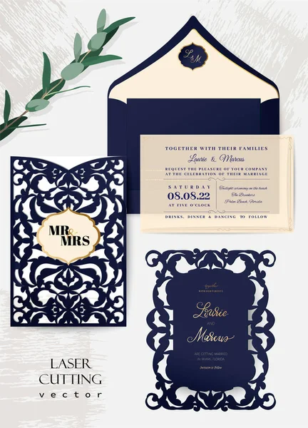 Set enveloppe d'invitation de mariage pour la découpe laser. Illustration vectorielle. — Image vectorielle