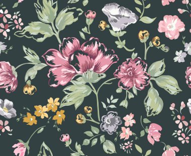 Floral pattern. Pink and blue flowers background. Hand drawn  illustration