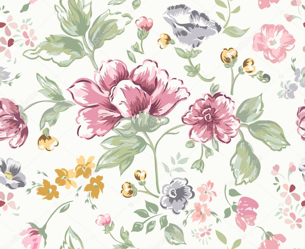 Floral pattern. Pink and blue flowers background. Hand drawn  illustration