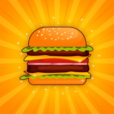 Çizgi film tarzında hamburger. Terfi tasarımı için yakın plan. Soyut arkaplan. Logo tasarımı. Fast food.