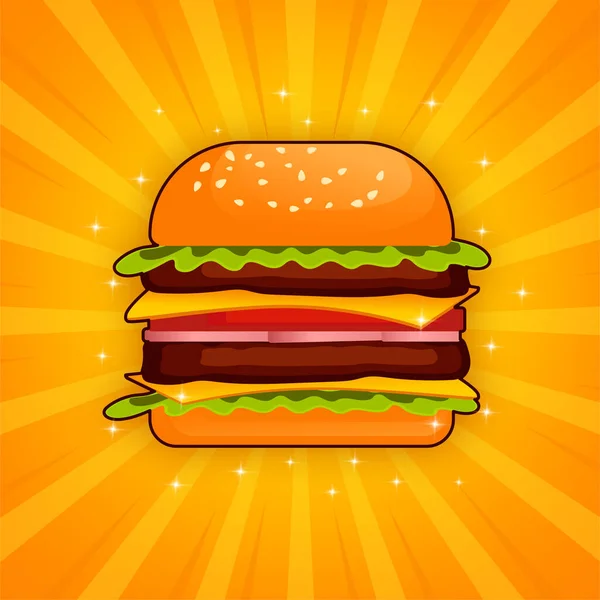 Burger im Cartoon-Stil. Nahaufnahme für Promotion Design. Abstrakter Hintergrund. Logo-Design. Fast food. — Stockvektor