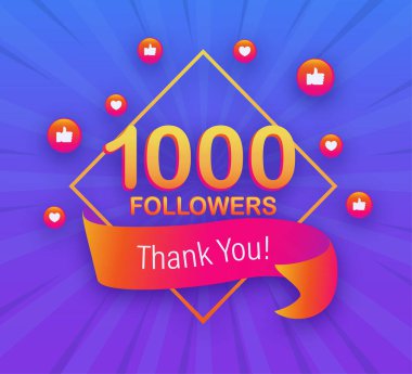 1000 takipçi, teşekkürler, sosyal siteler paylaşımı. Takipçilerinize teşekkür ederim. Vektör illüstrasyonu.