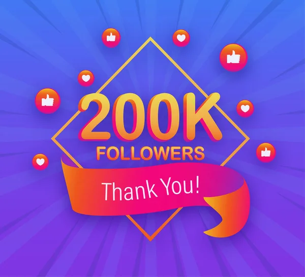 200k followers, Thank You, social sites post. Спасибо последователям постера поздравления. Векторная иллюстрация. — стоковый вектор