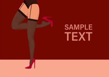 Beyaz arka planda çizgi film düz bacak şablonu. Yüksek topuklu kırmızı ayakkabılı bacak bacak üstüne atmış bir kız. Güzellik logosu