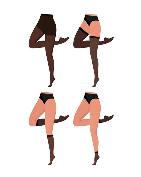 Cartone animato modello gambe piatte su sfondo bianco. Collant di colore diverso. Gambe incrociate di ragazza. Logo di bellezza — Vettoriale Stock