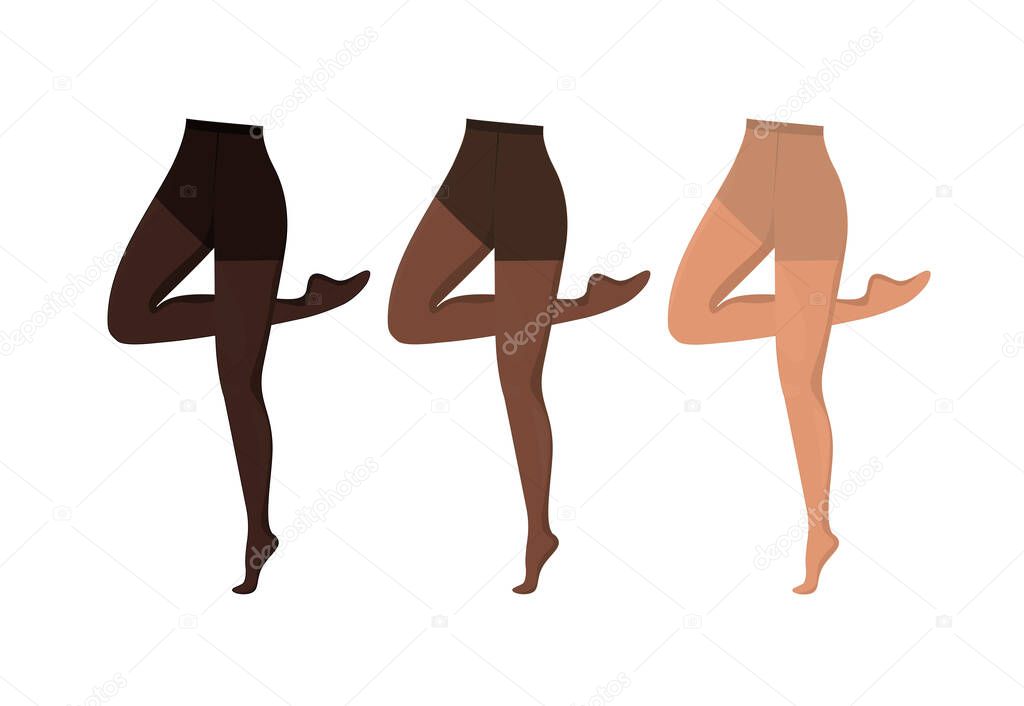 Cartoon flat legs template on white background. Different color tights. Cross-legged legs of girl. Beauty logo