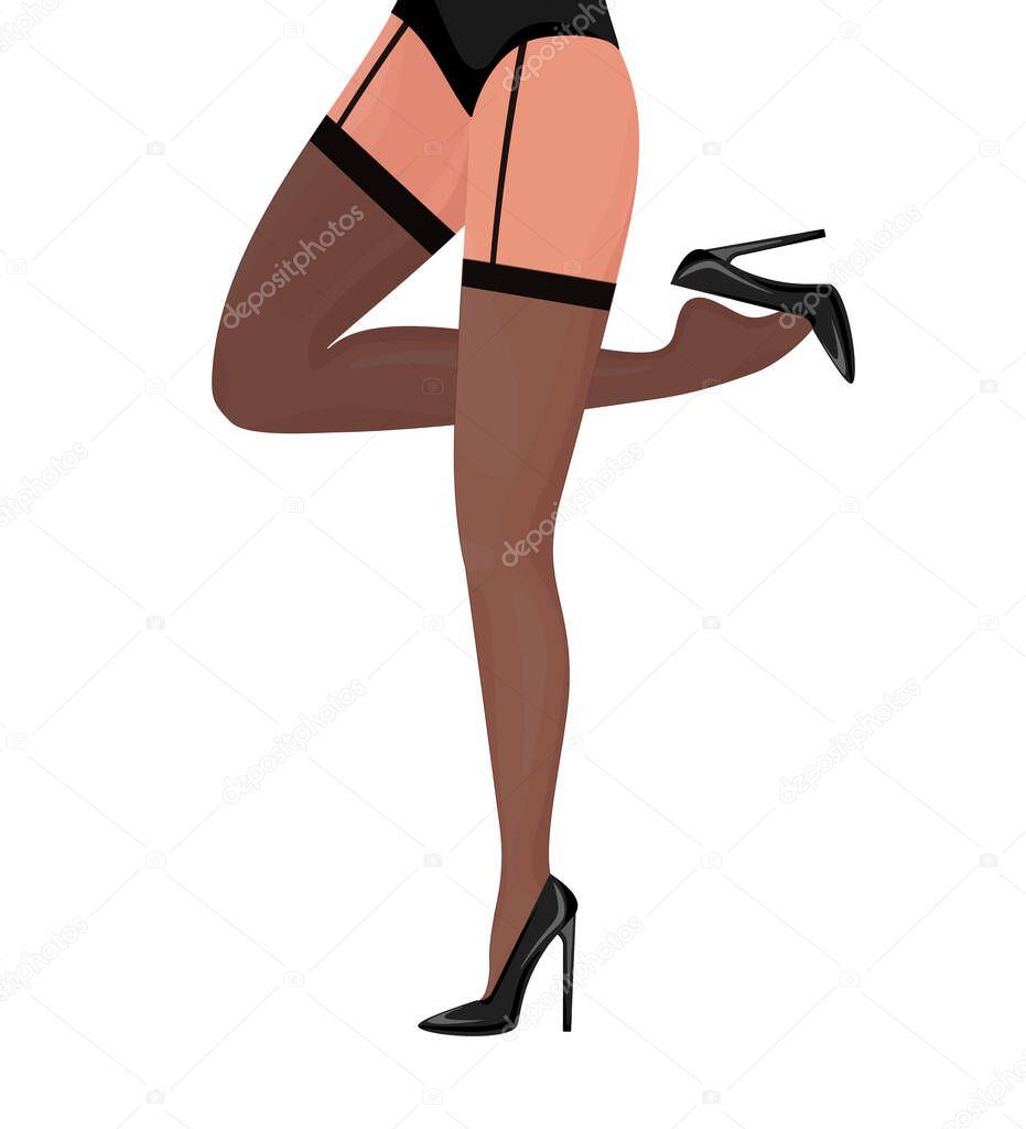 Cartoon flat legs template on white background. Cross-legged legs of girl in high-heeled black shoes. Beauty logo.