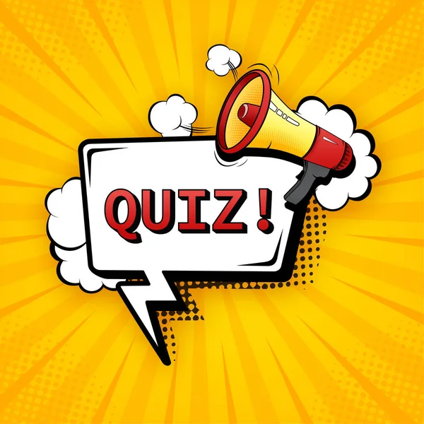 Een quiz. Vector pop stijl illustratie met megafoon op gele achtergrond — Stockvector