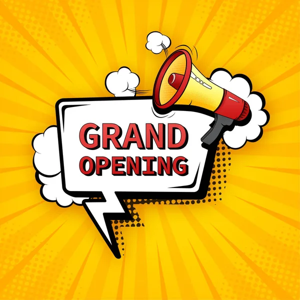 Büyük açılış megafonu. Pop tarzı illüstrasyon. Kutlama partisi. Parti broşürü