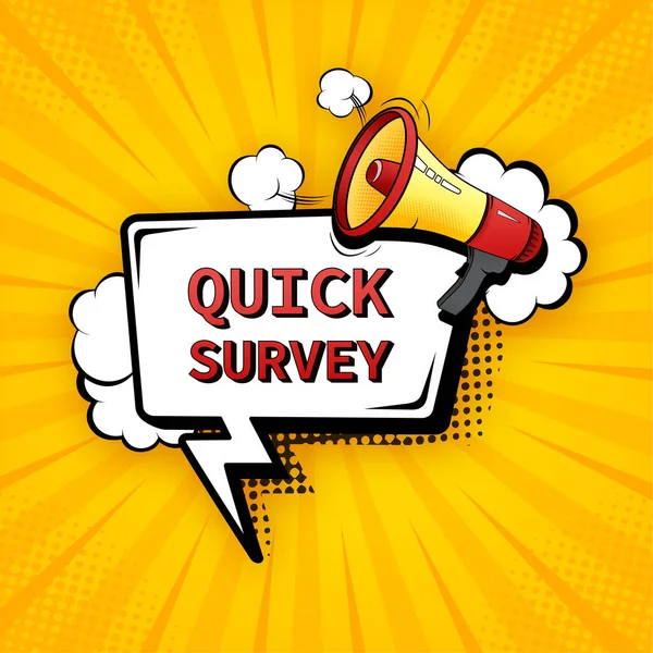 Hızlı bir araştırma. Megafon ikonlu rozet. Sarı arkaplanda pop vektör illüstrasyonu