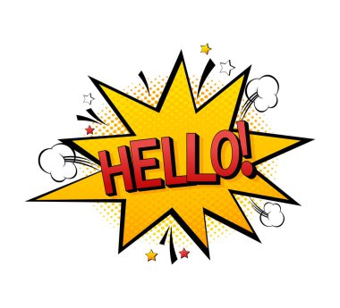 Renkli arka planda güzel bir pop sanat kırmızı yazı tipi. Simge vektörünü ara. Pop sanat tarzı. Merhaba sancak vektör illüstrasyonu