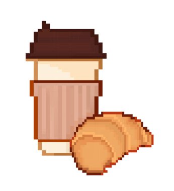 Kahve ve donut ile retropiksel çizim. Retro vektör illüstrasyonu