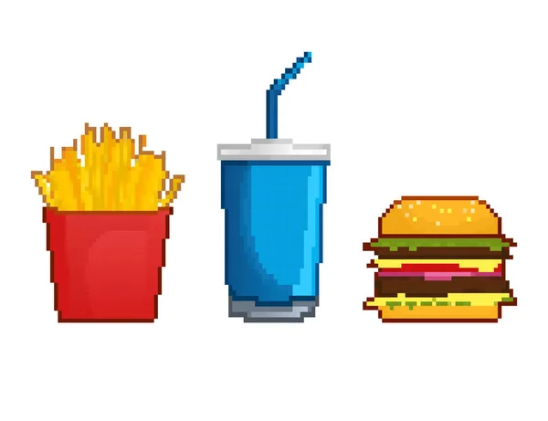 Zestaw pikseli sztuki z niezdrowego jedzenia pikseli do projektowania gier. Ilustracja sztuki wektora. Burger, picie i wolny ziemniak — Wektor stockowy