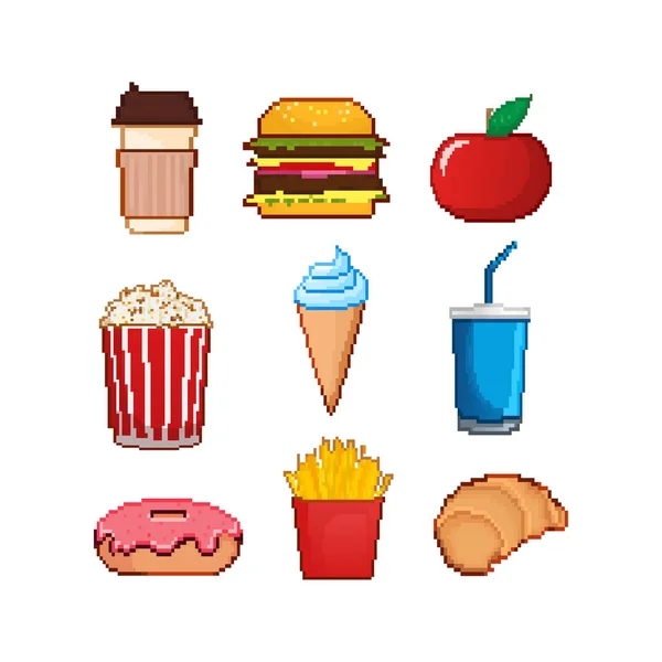 Pixel art set con píxeles de comida para el diseño del juego. ilustración de arte vectorial. Alimento dulce — Archivo Imágenes Vectoriales