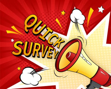 Hızlı bir araştırma. Megafon ikonlu rozet. Sarı arkaplanda pop vektör illüstrasyonu