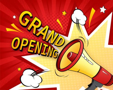 Büyük açılış megafonu. Pop tarzı illüstrasyon. Kutlama partisi. Parti broşürü