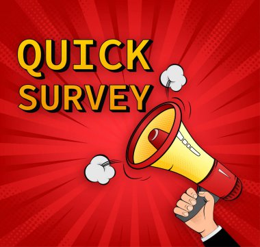 Hızlı bir araştırma. Megafon ikonlu rozet. Sarı arkaplanda pop vektör illüstrasyonu