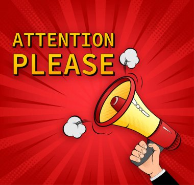 Şablon dikkatle lütfen kırmızı arka planda megafon kullanın. Pop tarzı illüstrasyon. Vektör illüstrasyonu.